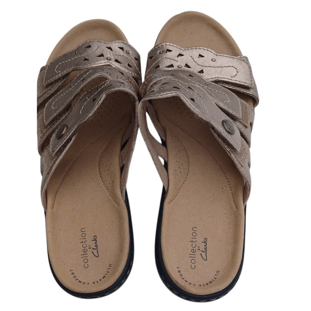 Clarks Collection Gold Metallic Comfort Slide Sandals Womens 8 Adjustable Straps - Picture 7 of 12